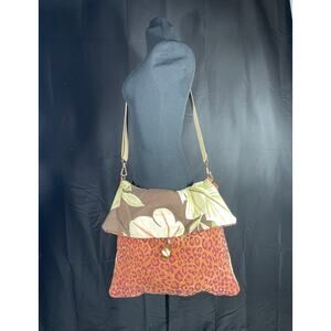 Handmade, crossbody bag, leaf and leopard print upholstery fabric